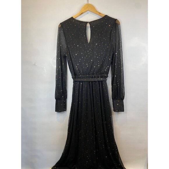 Baltic Born Abigail Sparkle Gown Black Gold Sequins Semi Sheer V Neck Medium New - Picture 6 of 14